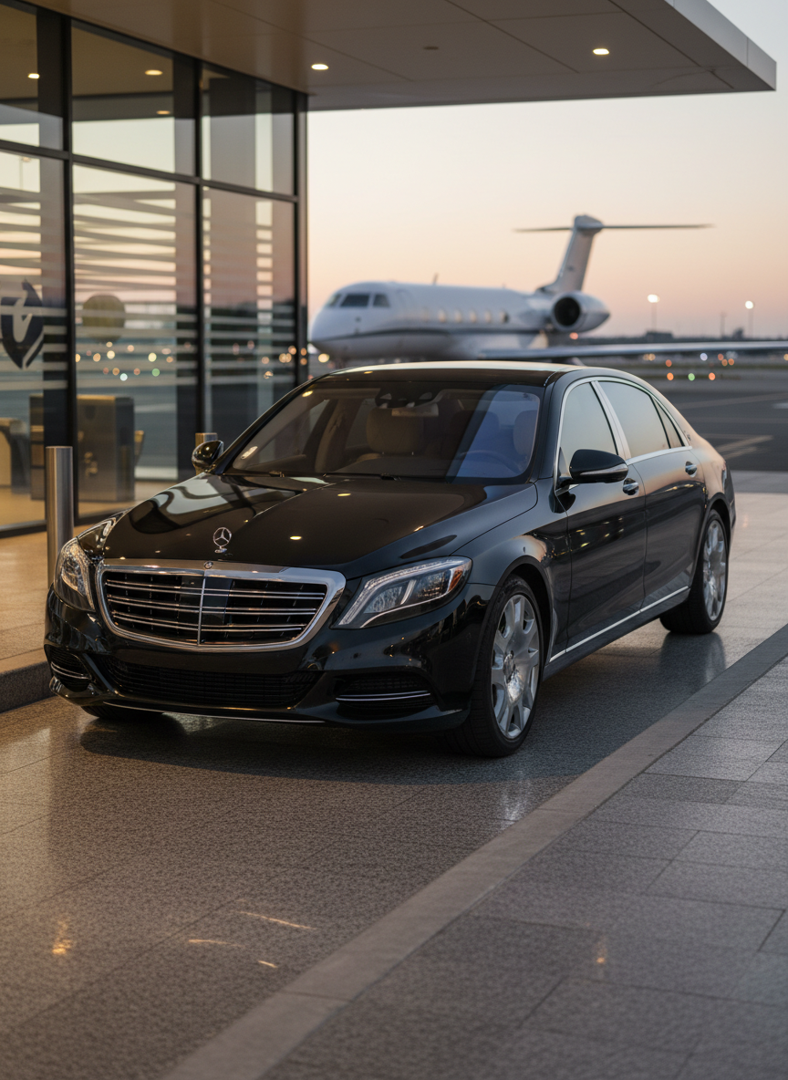 A sleek black executive sedan with a deep metallic finish and subtle chrome accents, parked at a private airport curb beside a polished granite sidewalk. The vehicle’s bodywork is immaculate, reflecting the soft glow of the terminal’s glass façade and the silhouette of a waiting jet in the distance. Evening golden hour light mixes with discreet warm architectural lighting, creating refined highlights along the sedan’s contours and gentle shadows beneath. Captured at a slightly low three-quarter angle in photographic realism, the composition emphasizes the car’s length and luxury, with a shallow depth of field softly blurring the background runway lights. The mood is sophisticated, professional, and quietly powerful, evoking premium, on-time executive ground transportation.