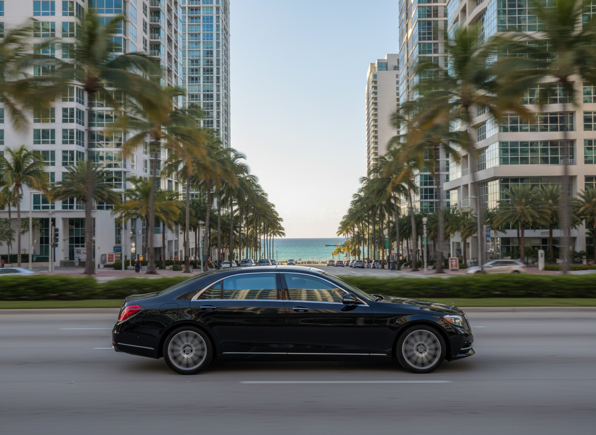 A pristine black business-class sedan gliding along a palm-lined boulevard in South Florida, framed by modern glass office towers and a distant glimpse of turquoise ocean. The car’s polished surface mirrors the surrounding cityscape and the rhythmic silhouettes of palm fronds. Late afternoon sunlight casts a warm, golden glow across the scene, producing elegant reflections on the vehicle’s windows and subtle motion blur on the road to suggest smooth, efficient travel. Captured from a slightly elevated side angle in photographic realism, the composition uses the rule of thirds to emphasize forward motion and direction. The atmosphere is confident, cosmopolitan, and sophisticated, embodying reliable, on-time executive transportation within a vibrant global city.