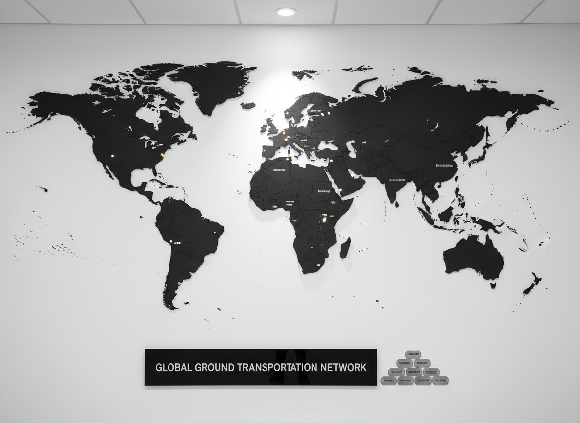A minimalist, high-contrast world map wall installation in a luxury office lobby, with major international business hubs subtly illuminated by tiny embedded LED points. In front of the map, a polished black sign with refined silver lettering reads “Global Ground Transportation Network” beside a small, tastefully arranged stack of metallic luggage tags. Soft, diffused overhead lighting creates an even, professional illumination, while a single spotlight adds a gentle highlight to the map’s textured surface. Photographic realism, shot straight-on at eye level, with sharp focus throughout and a calm, organized composition. The mood is quietly impressive and corporate, underscoring a worldwide network of over 450 cities served with consistent, high-end executive transport.