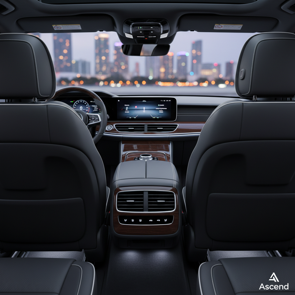 The interior of a high-end luxury SUV, featuring supple charcoal leather seats with precise contrast stitching, a glossy dark-wood center console, and a minimal, high-resolution dashboard display showing a discrete company logo. Ambient LED lighting in a soft cool white gently traces the door panels and footwells. Outside the tinted windows, the skyline of downtown Miami appears softly blurred, illuminated by twilight city lights. Shot from the rear passenger area looking toward the front, with a shallow depth of field that keeps the seating and amenities in crisp focus. Photographic realism, clean and modern composition, and a calm, hushed atmosphere convey privacy, comfort, and executive-level professionalism in transit.